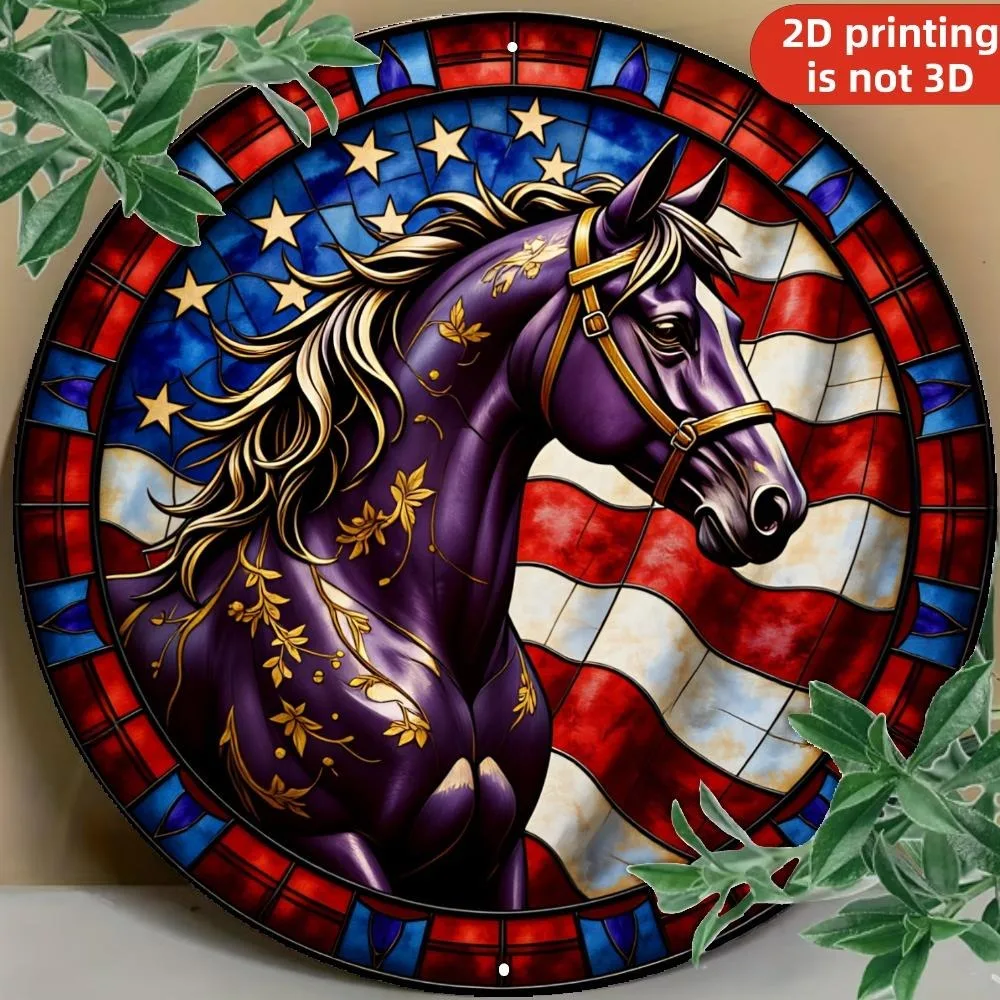 Vintage Purple Horse American Flag Aluminum Wall Art 8X8In Waterproof Durable Metal Sign For Home Bar Farm Stable Indoor Outdoor