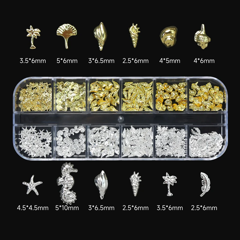 12Grids Gold Silver Sea Seires Nail Art Rhinestones Shell Starfish Seahorse Multi-shapes Metal Rivet Charms DIY Nail Decorations