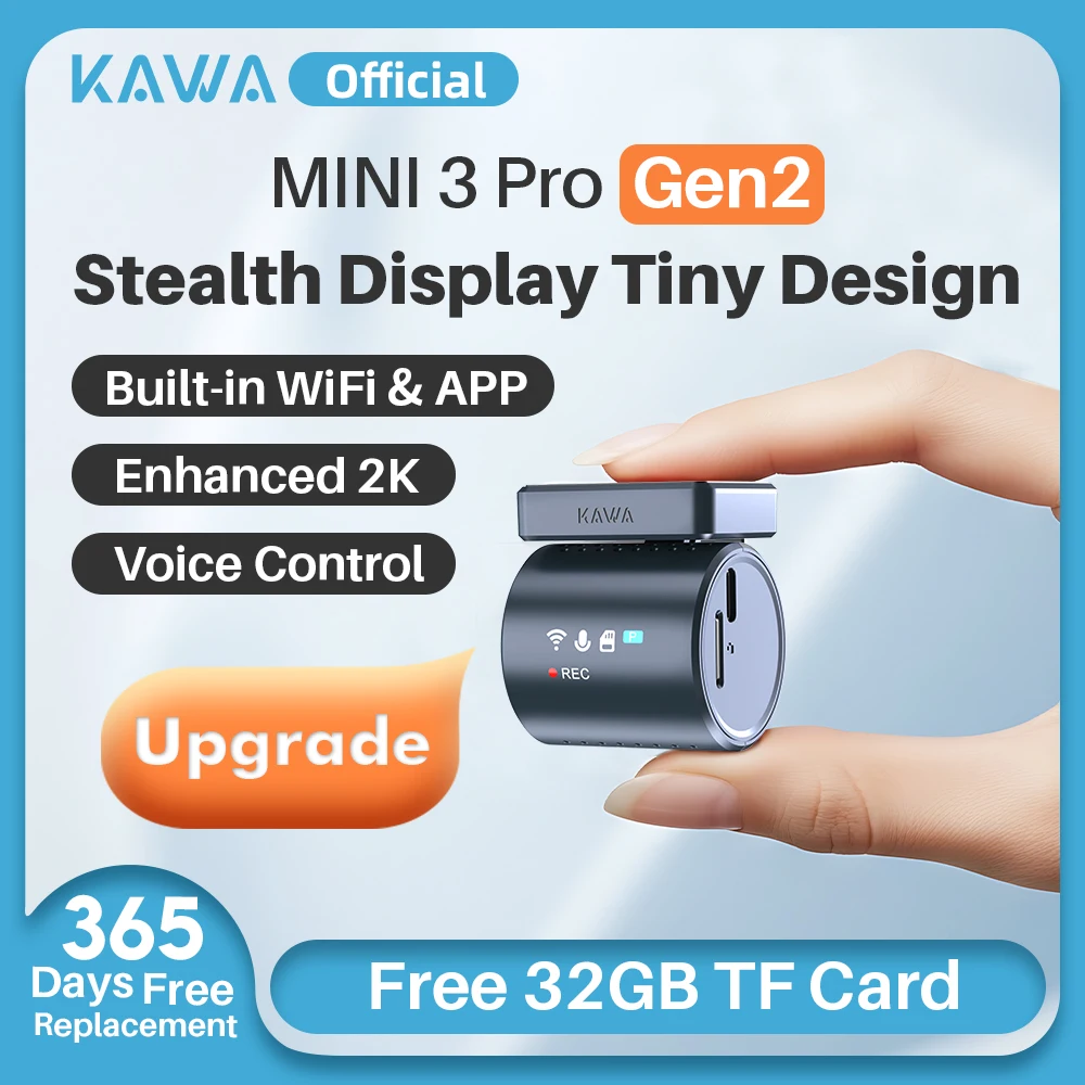 كاميرا داش كام KAWA MINI3 Pro Gen2 Car Dvr 2K مسجل فيديو تلقائي ترقية كاميرا السيارة، WiFi APP/التحكم الصوتي، كاميرا داشكام صغيرة للرؤية الليلية