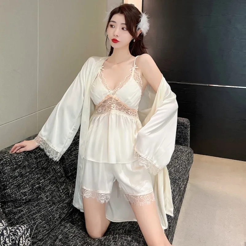 

3PCS Pajamas Set Lingerie Women Lace Bathrobe Pyjamas Suit Spring Summer Female Rayon Sleepwear Nightwear Home Clothes