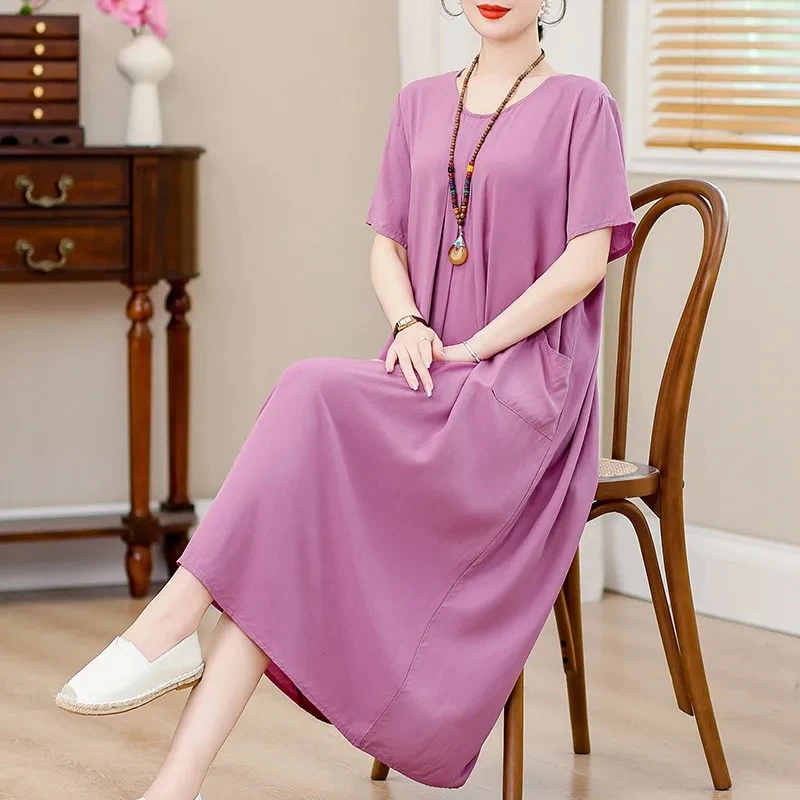 New Summer Cotton Silk Nightwear for Women's Mothers Plus Size 5XL Solid Color Pocket Pajamas Dress Comfortable Cool Sleepdress