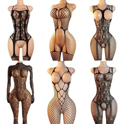 Dantel Sütyen Tek Parça Set Crotchless İç Çamaşırı Kadın Kıvrımlı Tulum Seksi Açık Sütyenler Vücut Çorapları Halter Yaka Şeffaf İç Çamaşırı
