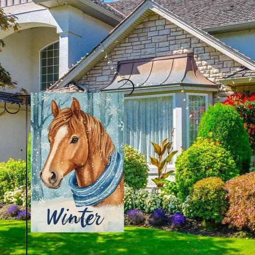 Winter Horse Garden Flag Double Sided, Burlap Small Snow Welcome Winter, 12x18 XXQ