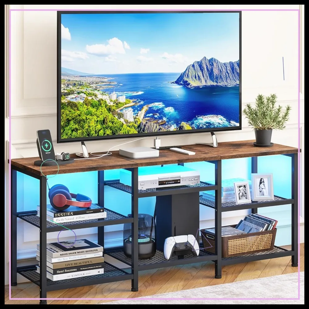 

55 Inch TV Stand with Movable Shelves, Power Outlet & LED Lights, Rustic Brown Media Console for Living Room