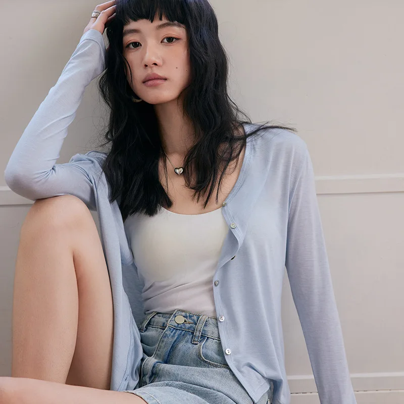 Spring Summer Silk-acetate Knitwear For Women Wool, Elastic Skin-friendly, Lightweight, Buttoned Top