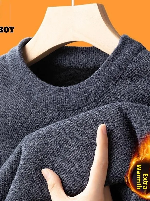 

Men's Winter round Ne Fce Lined Thiened Warm Knitted Sweater Casual Inner Wear Long Sve Loose Fit Pure Color