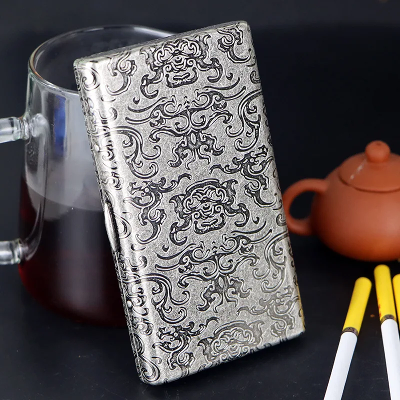 Ancient Silver Knurled Carved Tai Chi Fine Middle Branch 20 Cigarette Packs, One-click Button Cigarette Gadgets