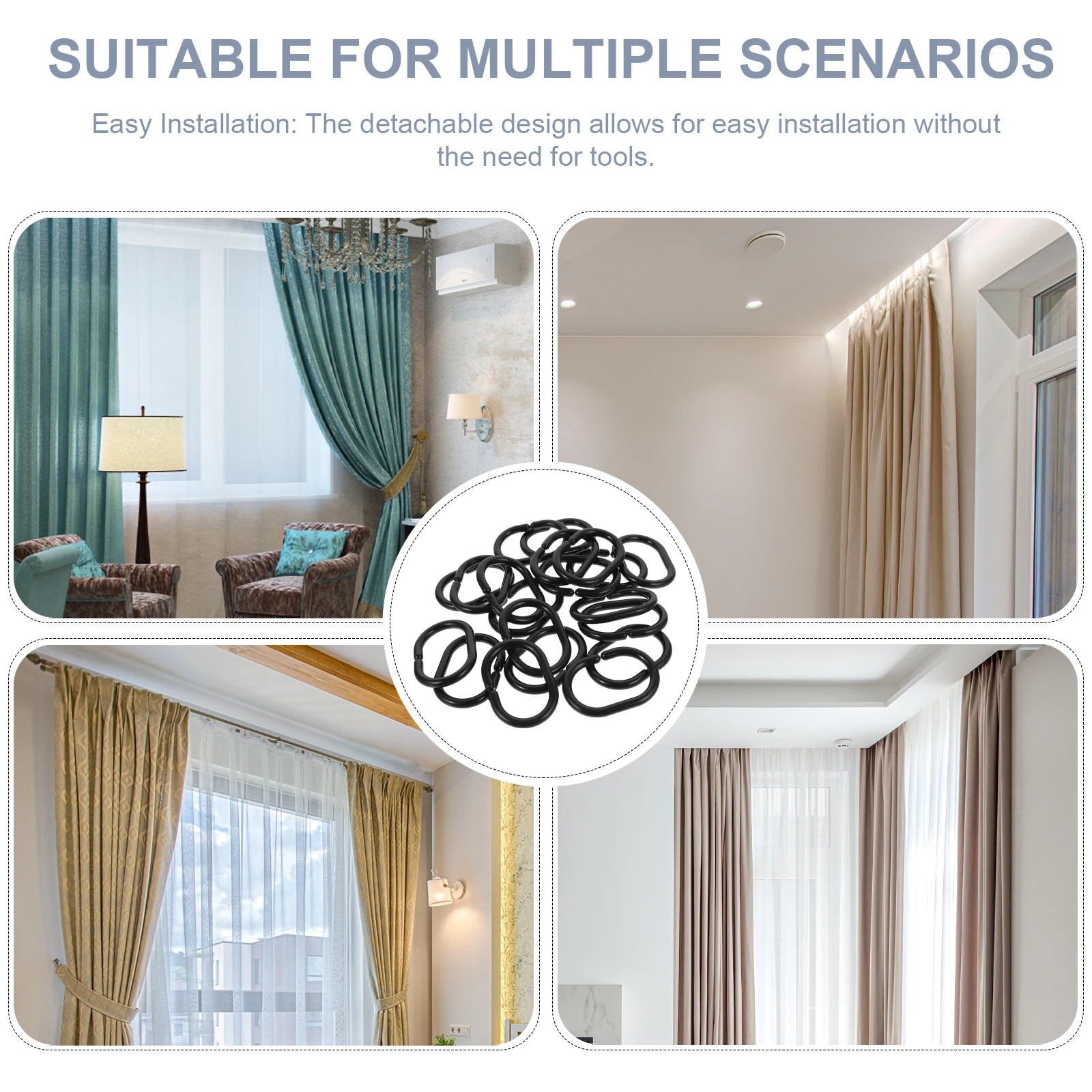 

20Pcs Shower Curtain Rings Black Plastic Hook for Bathroom Curtain Rod Hanging Accessories Rust Resistant