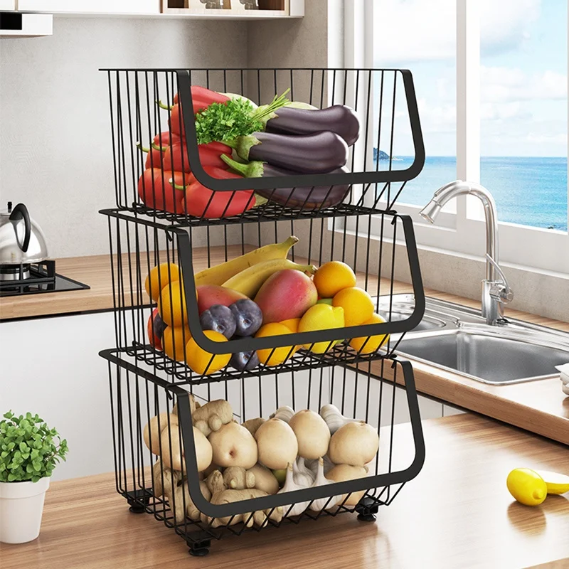 Three floors Removable black iron kitchen fruit  vegetable storage basket