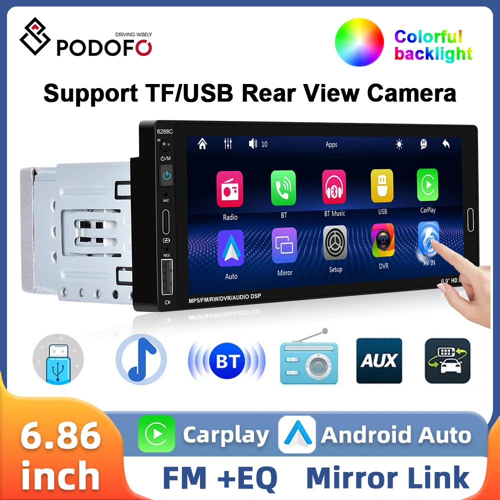 Podofo 1DIN Car MP5 Player 6.86