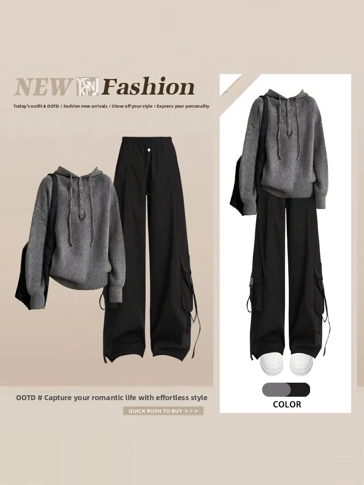 

Retro Loose Knitted Hoodie Sweater with Dstring And High Waist Pants Women's Faion Two-Piece Set for Autumn And Winter