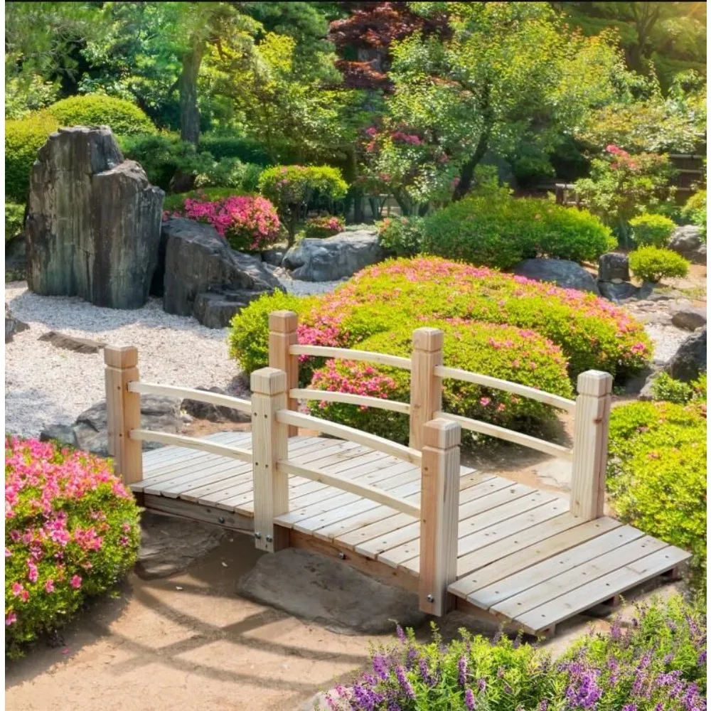 

5 Ft Wooden Garden Bridge, Arc Stained Finish Footbridge with Railings for Your Backyard, Garden Arch Bridge