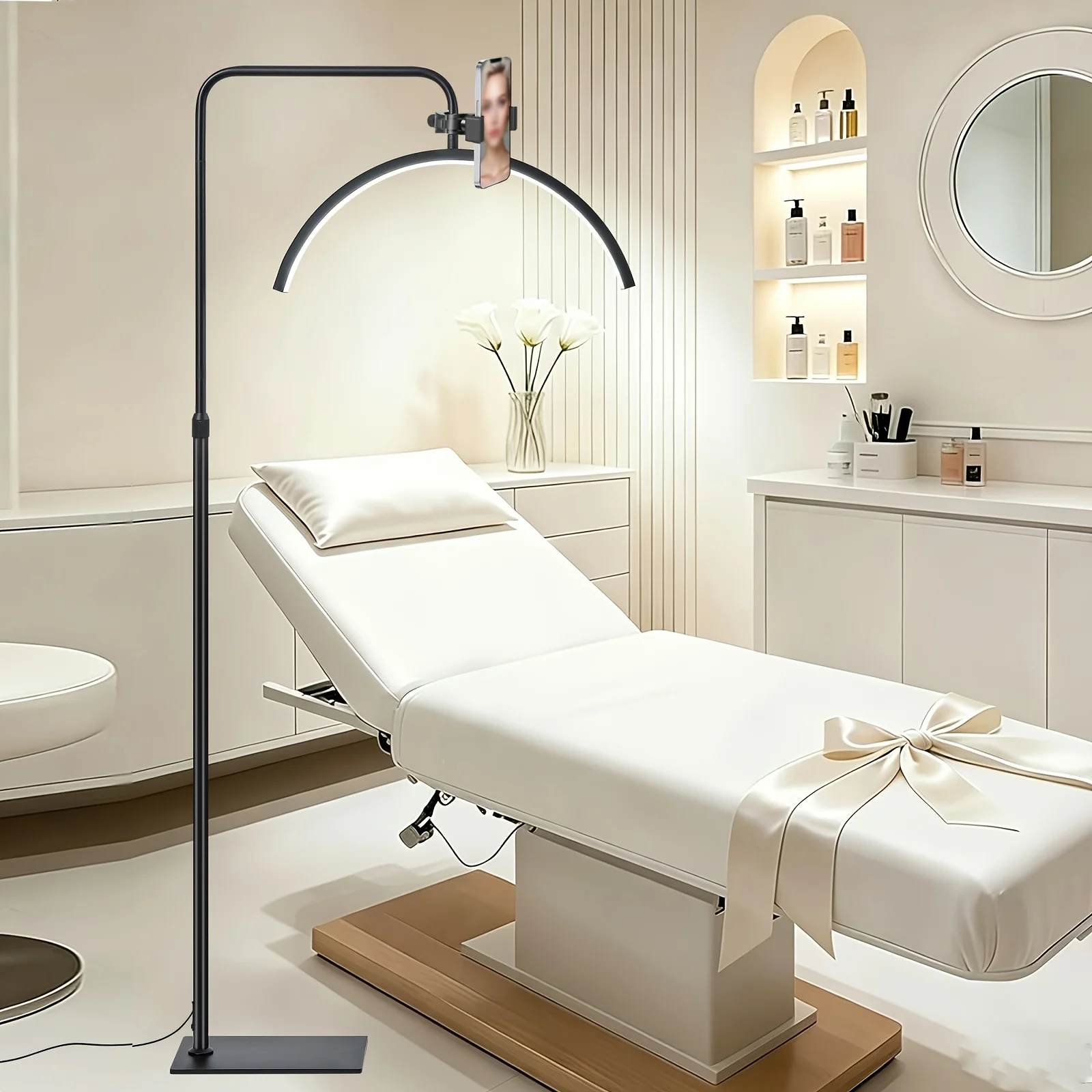 Luce a mezzaluna per extension ciglia, 360 ° Lampade da terra a LED regolabili in altezza e orientabili, con intensità luminosa variabile, ideali per l’illuminazione durante le sedute di applicazione