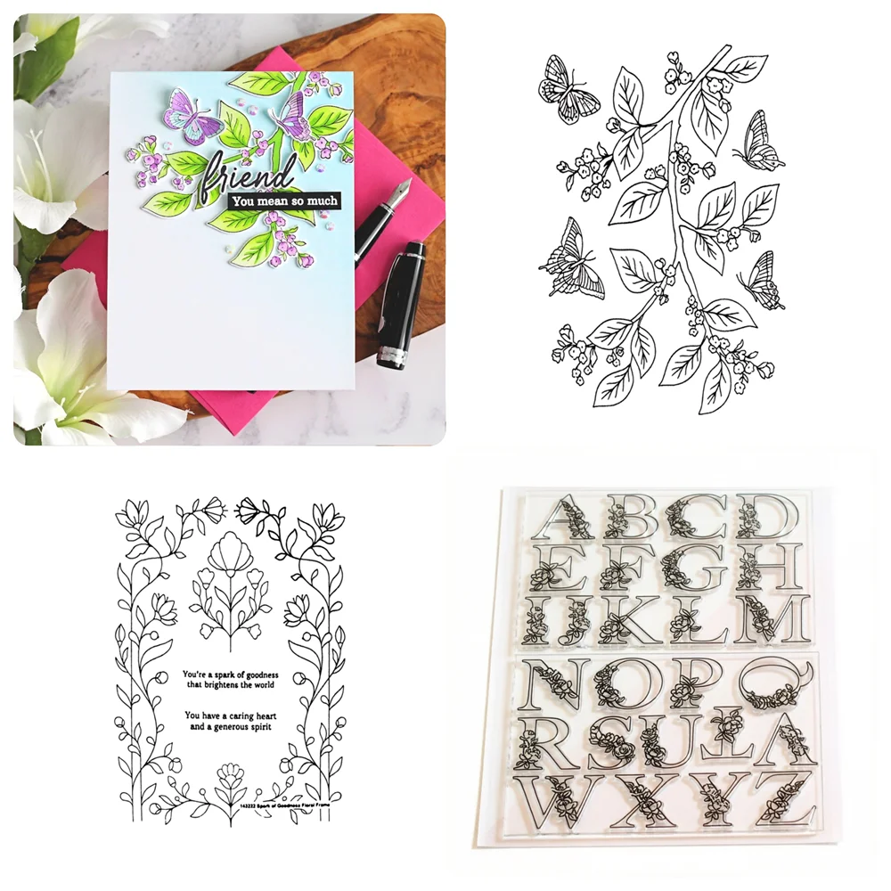 

Spark Of Goodness Floral Alphabet Cutting Dies Clear Stamps Sets for Scrapbooking Supplies Paper Making Frames Card Craft