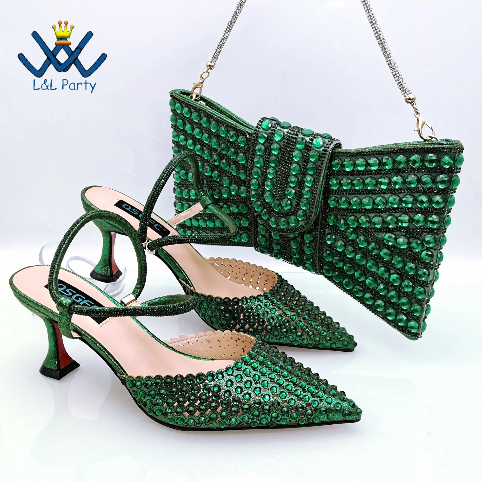 

2024 Summer New Design Pumps Match Hand Bag in Green Color Comfortable Thin Heels African High Quality Shoes and Bag Set