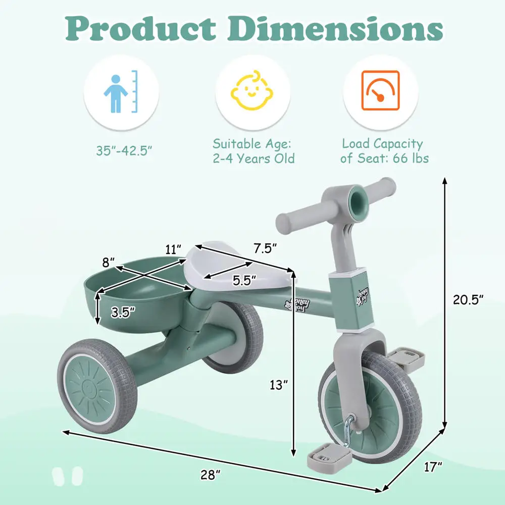 Toddler Convertible Trike with 86° Limited Steering Angle and Carbon Steel Frame-Green