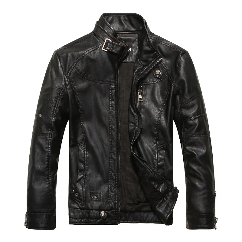 MaiDangDi Men's Motorcycle Leather Jacket European and American Style Distressed Washed Stand Collar Plus Velvet