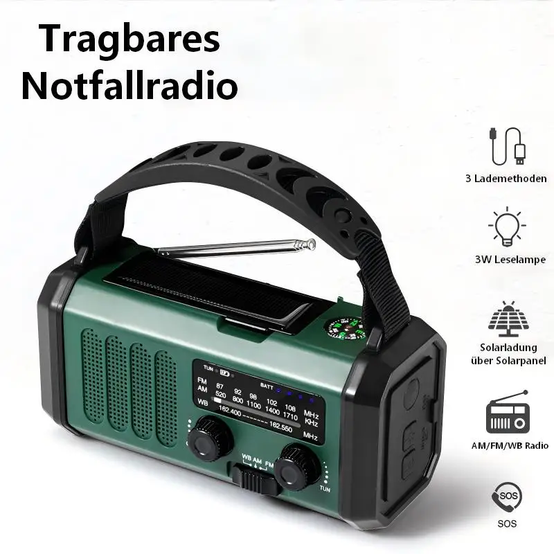 Kurbelradio mit 10000mAh Powerbank Solar Notfallradio AM/FM/WB Weltempfänger mit Taschenlampe SOS Alarm Kompass Tragbar