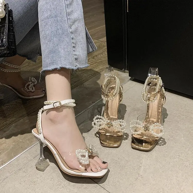 Pearl Sandals Female Shoe Cross Cross-Shoes Strappy Heels 2023 Women\'s Rhinestone Girls Beige Fashion Comfort Lace Up Stiletto B