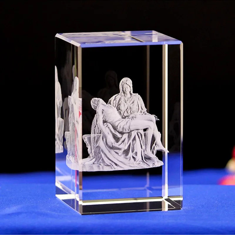 3D K9 Crystal 5x5x8cm Cube Christian Jesus Cross Figurine Home Decor Virgin Laser Engrave Crystal Religious gifts for Kids birth