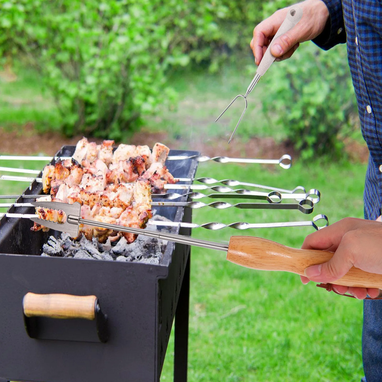 

Extendable Stainless Steel Bbq Skewers Telescoping Marshmallow Roasting Sticks Hot Dog Forks Wooden Handle Storage Bag Barbecue