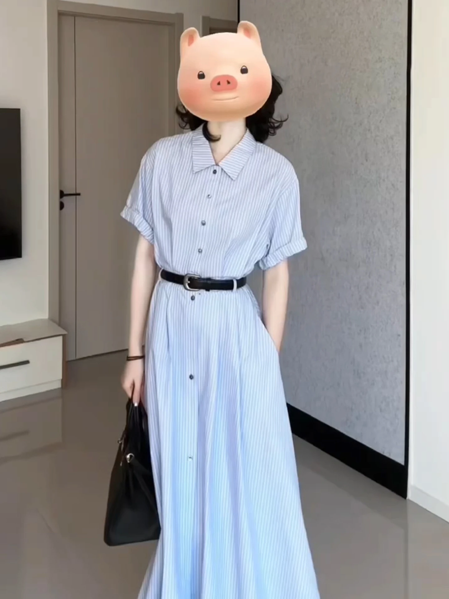 ブルーの女性用サマースカート、美しいエレガントなロング丈、スイートな和風、ハイウエストAラインスカート