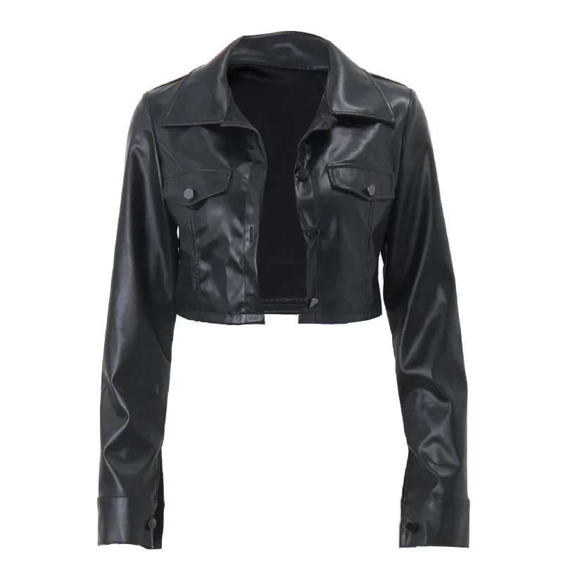 New In Autumn Sexy Streetwear Black Short Leather Jacket For Women 2024 Slim Turn-Down Collar Single Breasted Crop Outerwears