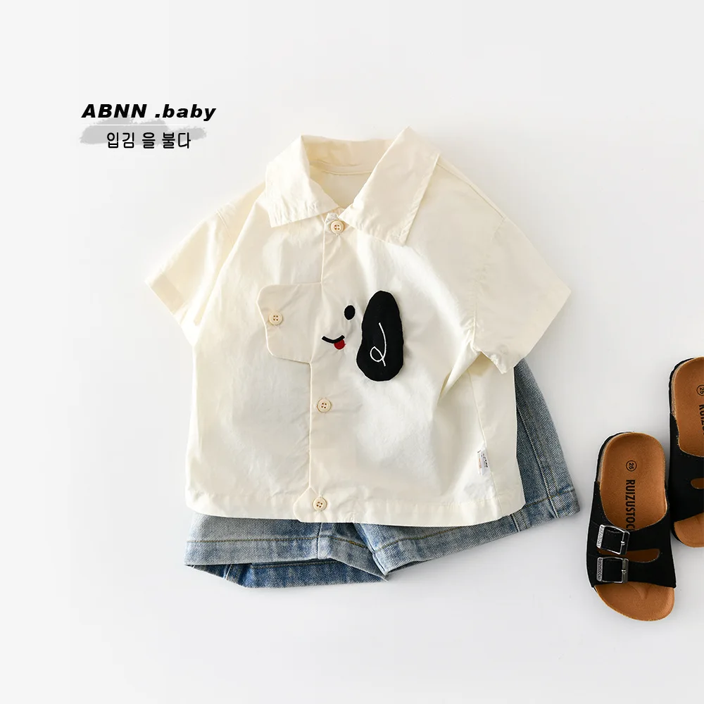 2026 Summer Baby Cartoon Dog Short Sleeve Shirt Lapel Collar Thin Soft Cotton Casual Tops Infant Boys Girls Daily Outdoor Wear
