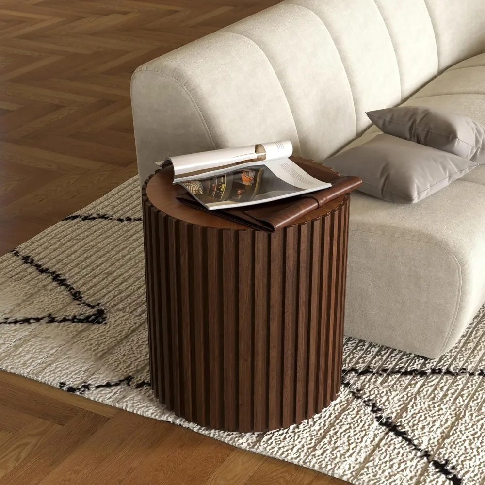 

Round Coffee Side Table, Mid Century Wood End Table, Fluted Side Table for Living Room Bedroom Office, 20.08, Walnut