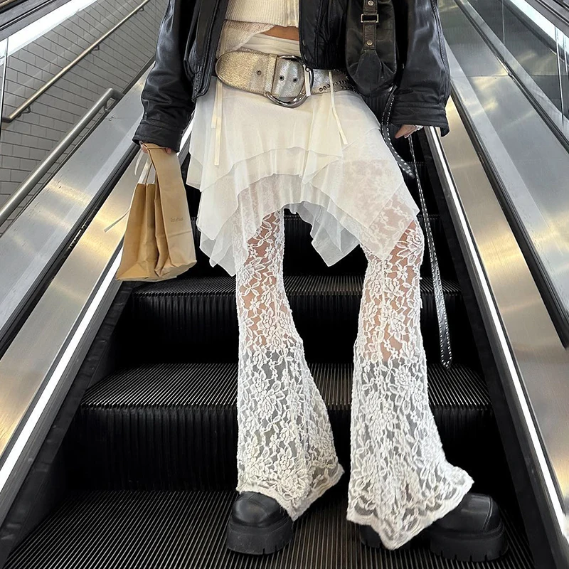 CUTENOVA Y2K Gothic Lace Mesh Flared Pants Sexy Harajuku Aesthetic See Through Long Trousers Vintage Women 2024 Summer Fairy