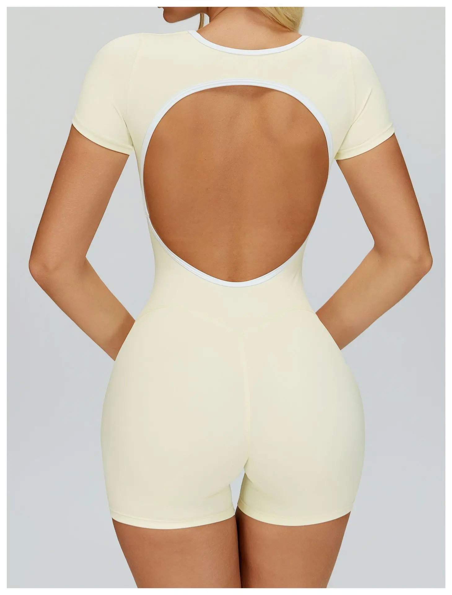 Women's Color Blocking Jumpsuit Tight Fitting Sports Fitness Suit with Hollowed out Beautiful Back Chest Cushion Detail