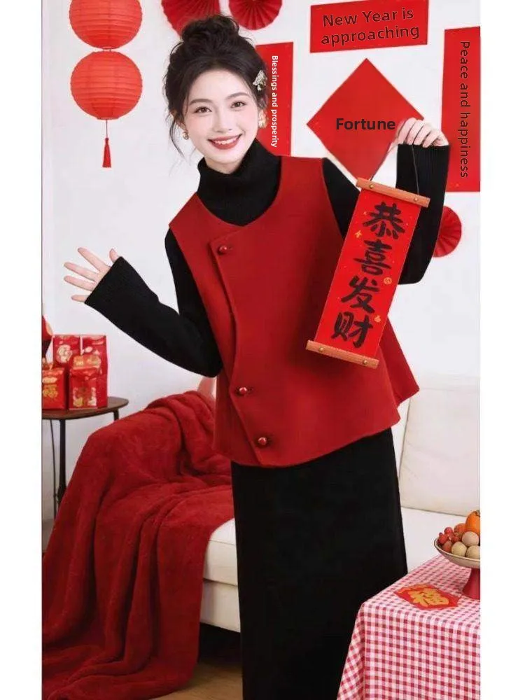 

Qingdao New Year Red Woolen Vest Women's Ele Svel Outerwear Casual Sle round Ne ort Length Single Button