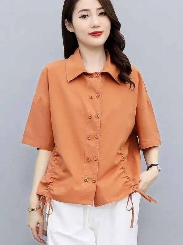 

Свободная рубашка с коротким рукавом, летняя повседневная, в корейском стиле, с высокой талией, с рукавами до локтя, больших размеров, женский топ, удобный, дышащий