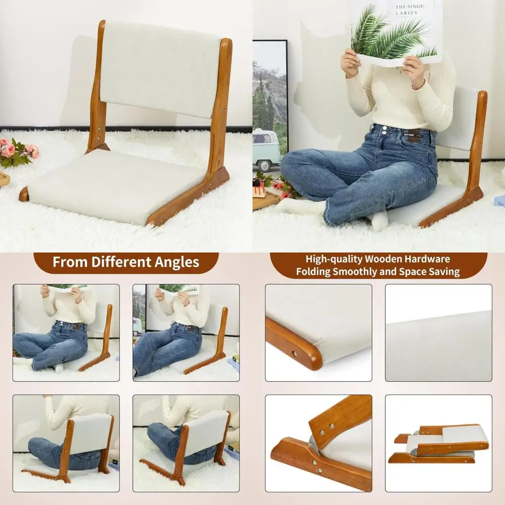 

Back Support Foldable Japanese Style Wood Floor Chair with Cushion, Comfortable Legless Tatami Chair Accent Medium Size