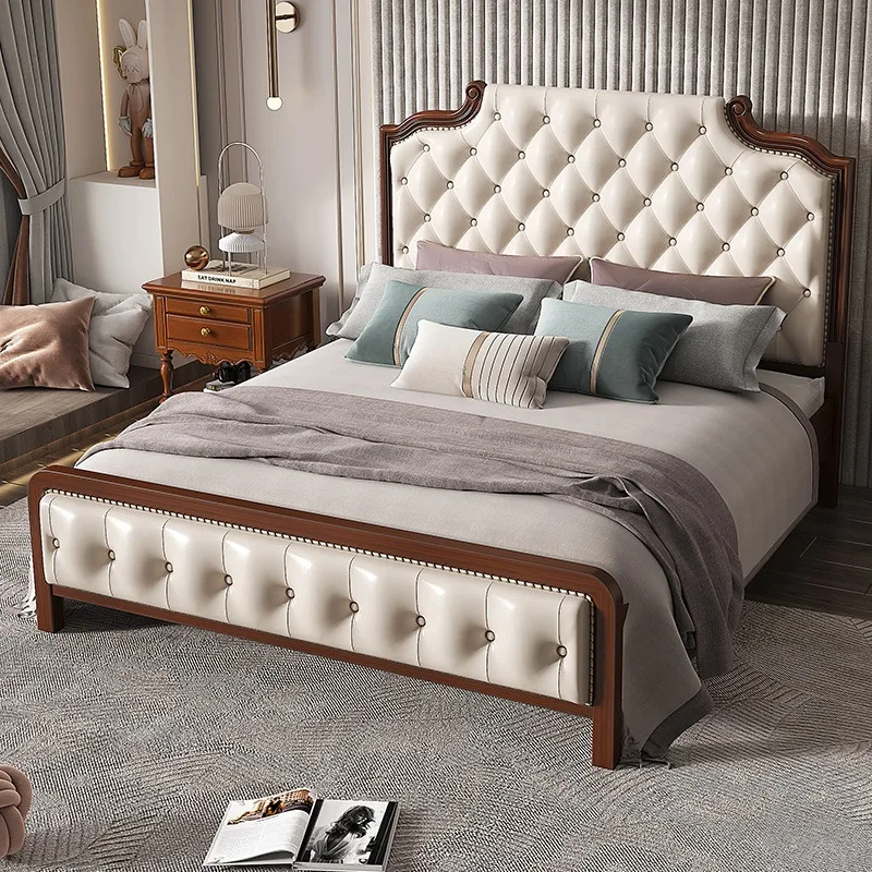 American-style Modern King-size Solid Wood Bed Frame, Vintage Upholstered Double Bed, Bedroom Hotel Furniture