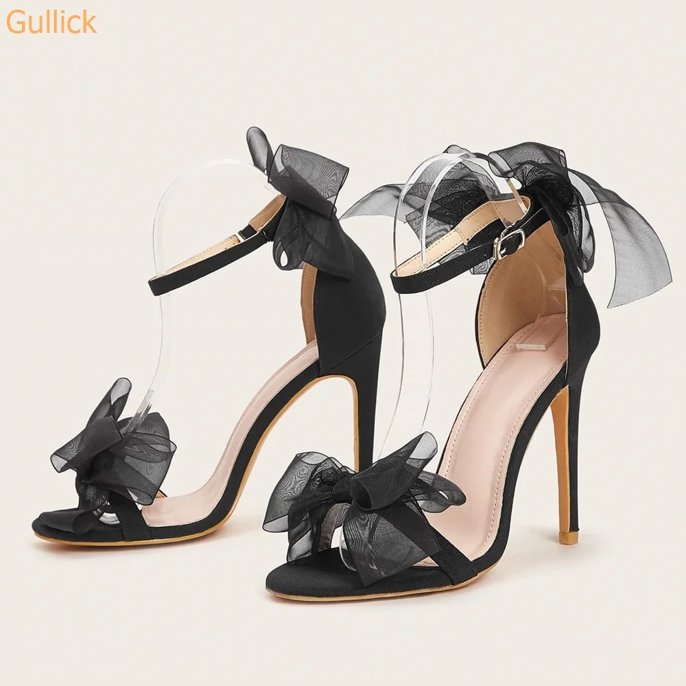 

Air Mesh Butterfly Knot Women Sandals Stiletto Heel One Word Belt Open Toe Ankle Strap High Heels Summer Fashion Stage Sandals