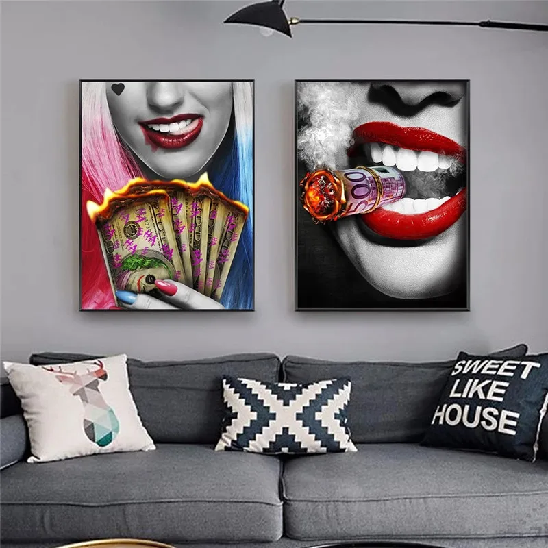 Wall Art Poster Red Lips Smoking Woman Watch Picture Burning Dollars Money Canvas Painting Home DecorationLiving Room