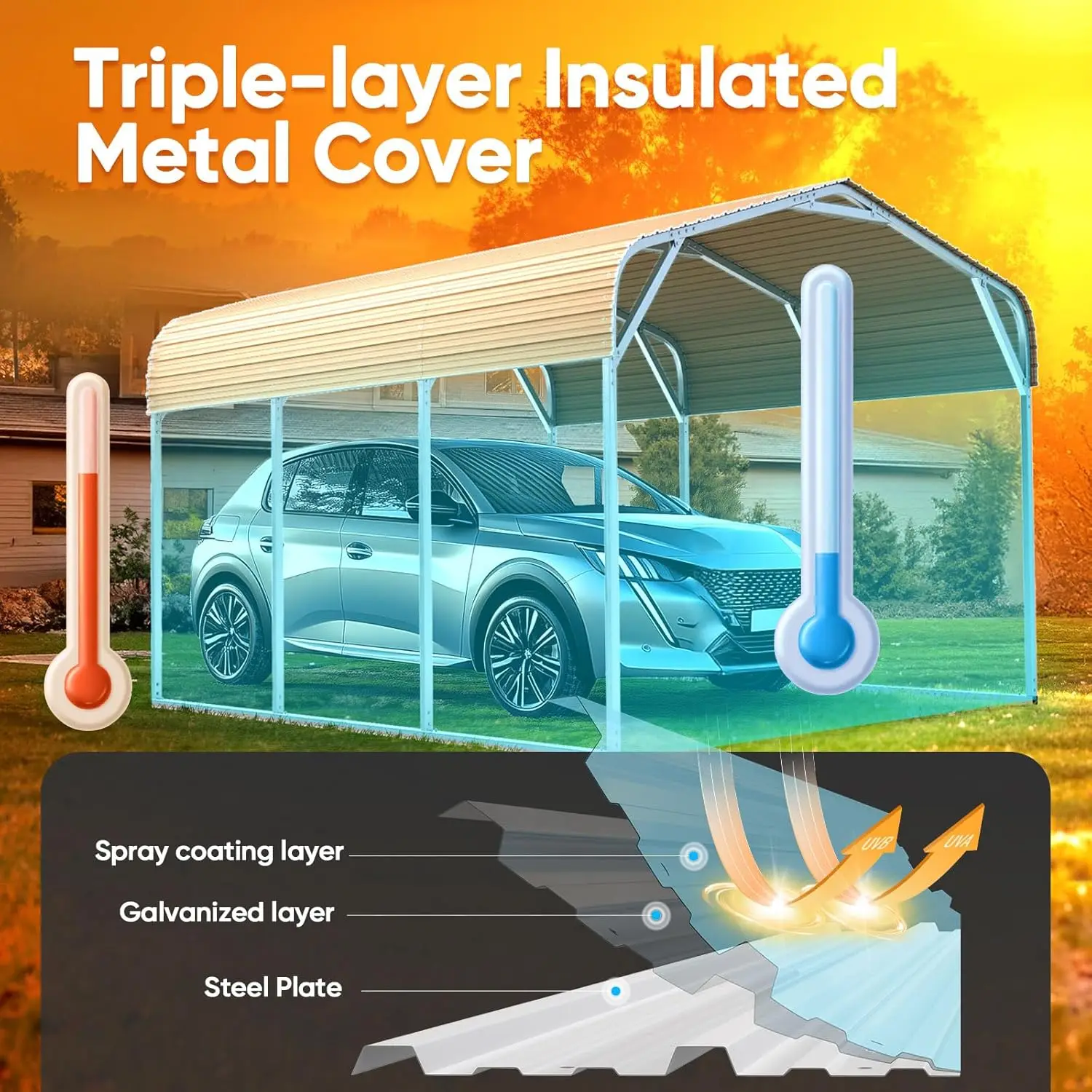 Analyste de carport de toit en métal de la fédération, toit rigide, garage en acier rapide, modification de voiture, blanc, 10x15