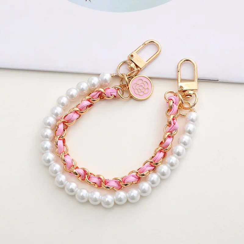 Camellia Pearl Mobile Phone Charm keychain Chain Girl Woman Cell Phone Case Fashion Pendant Key Strap Rope With Universal Clip