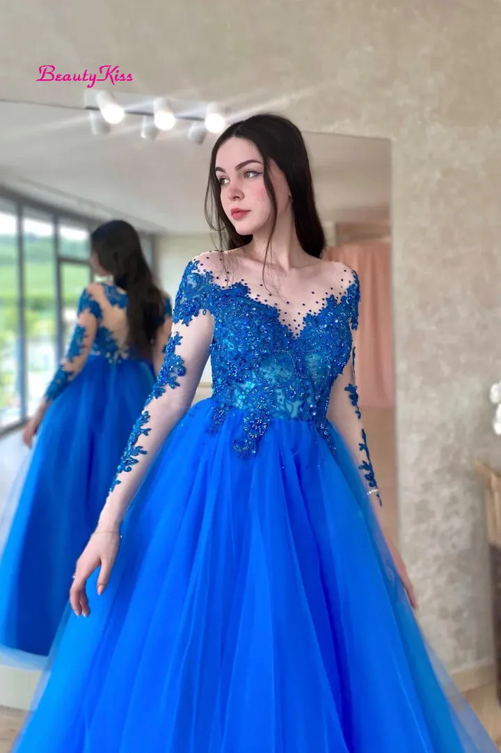 Blue Tulle Lace Long Prom Dress Illusion Long Sleeves Beaded Evening Dresses A-Line Scoop Neck Long Formal Party Gowns