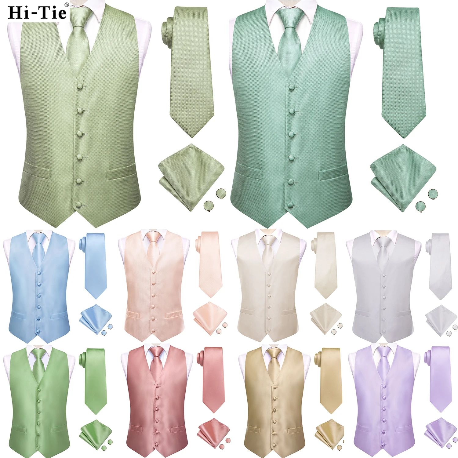 

Hi-Tie Sage Green Solid Silk Mens Suit Vests 4PC Woven Waistcoat Tie Pocket Square Cufflinks Business Wedding Dress Waist Jacket