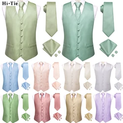 Hi-Tie Sage Green Solid Silk Mens Suit Vests 4PC Woven Waistcoat Tie Pocket Square Cufflinks Business Wedding Dress Waist Jacket