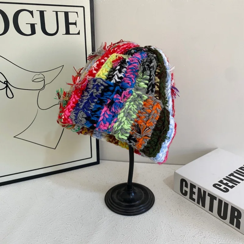 Japanese Hand-crocheted Colored Striped Pullover Knitted Hat for Men and Women Autumn and Winter Fashion Warm Skull Beanie Caps
