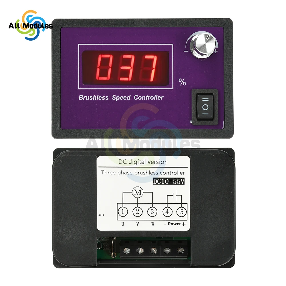 

DC 10-55V 15A Brushless Motor Speed Controller 3-Phase Hall Sensor Controller with Forward/Reverse Rotation