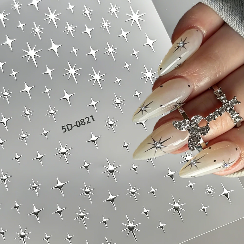 Autocollants pour ongles en forme de croix punk argentée, étoile 5D en relief, autocollants auto-adhésifs pour manucure, décoration, 1 pièce