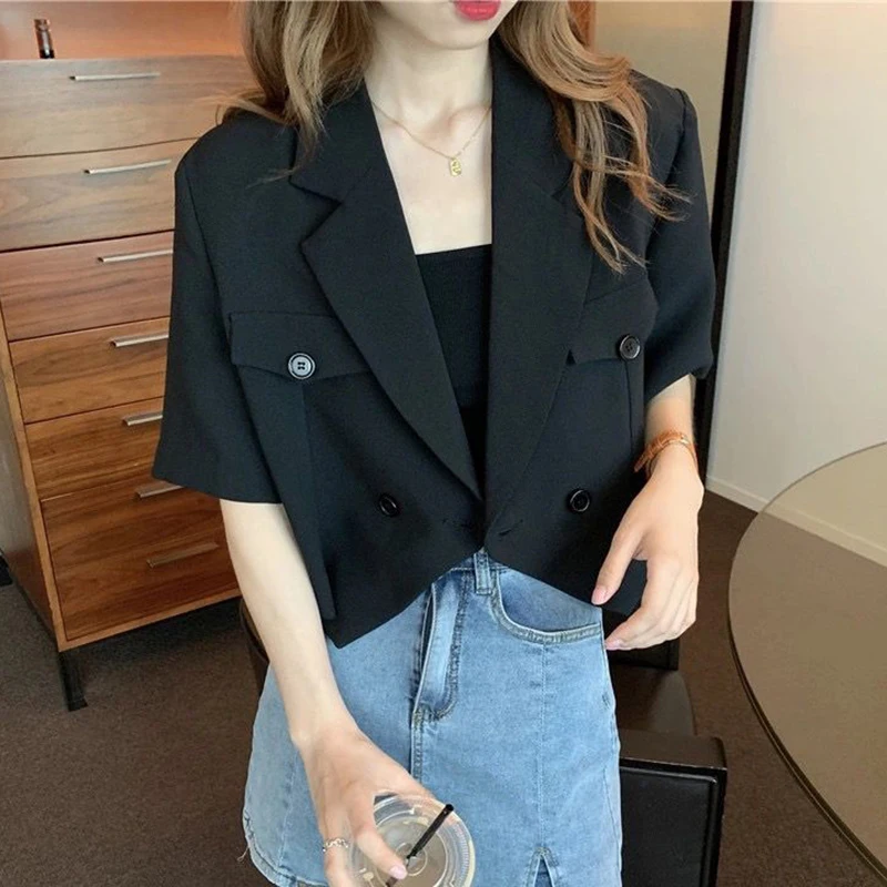 White Short Sleeve Blazer Jacket Ladies 2024 Summer Thin Buttons Notched Collar Suit Coat Women Wild Cropped Outwear Tops Woman