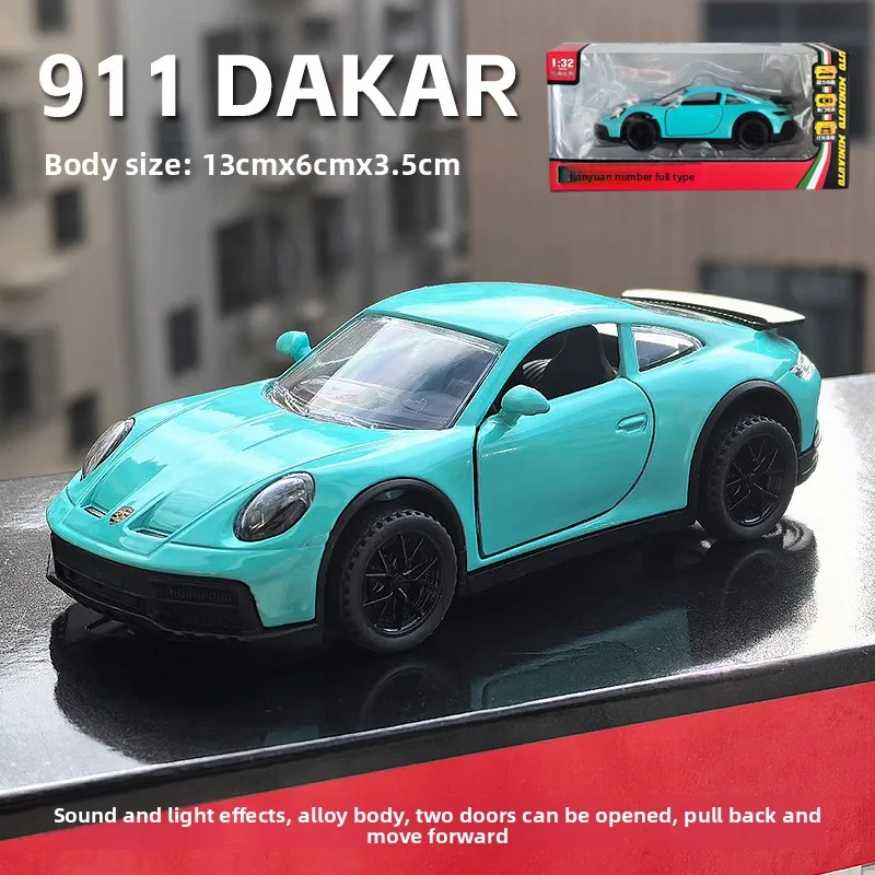1:32 911 DaKar Alloy Sports Car Model Diecast Toy Ornament Doors Opened Sound Light Pull Back Miniature Models Toddler Kids Gift