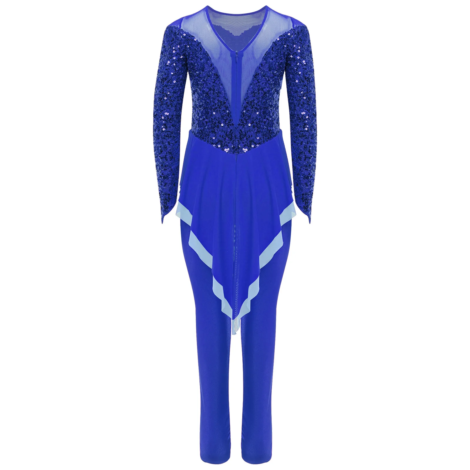 Kids Girls Rhythmic Gymnastics Leotard Shiny Sequins Long Sleeve Ballet Dance Skirted Bodysuit Costume Figure Skating Jumpsuit