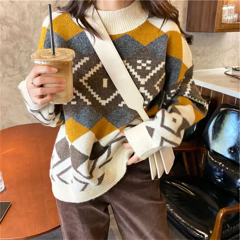 Half High Collar Vintage Jacquard Long Sleeve Knitwear Women Autumn Winter Fashion Indie Folk Sweater All-match Knitting Tops