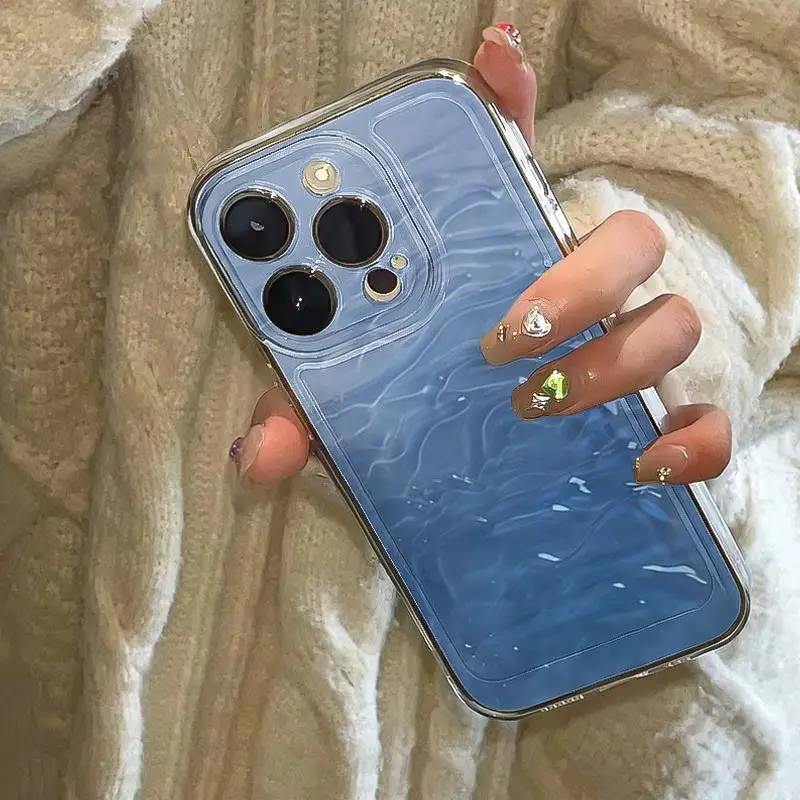 透明な漫画の青い水模様のiPhone 16 15 14 13 12 11 PROMAX XS XR 7 8 Plus用耐衝撃スマホケースカバー
